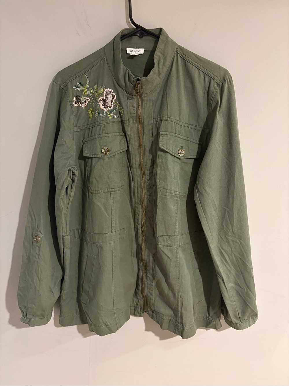 Westport Olive Green Floral Embroidered Utility Jacket Women's L Military Style